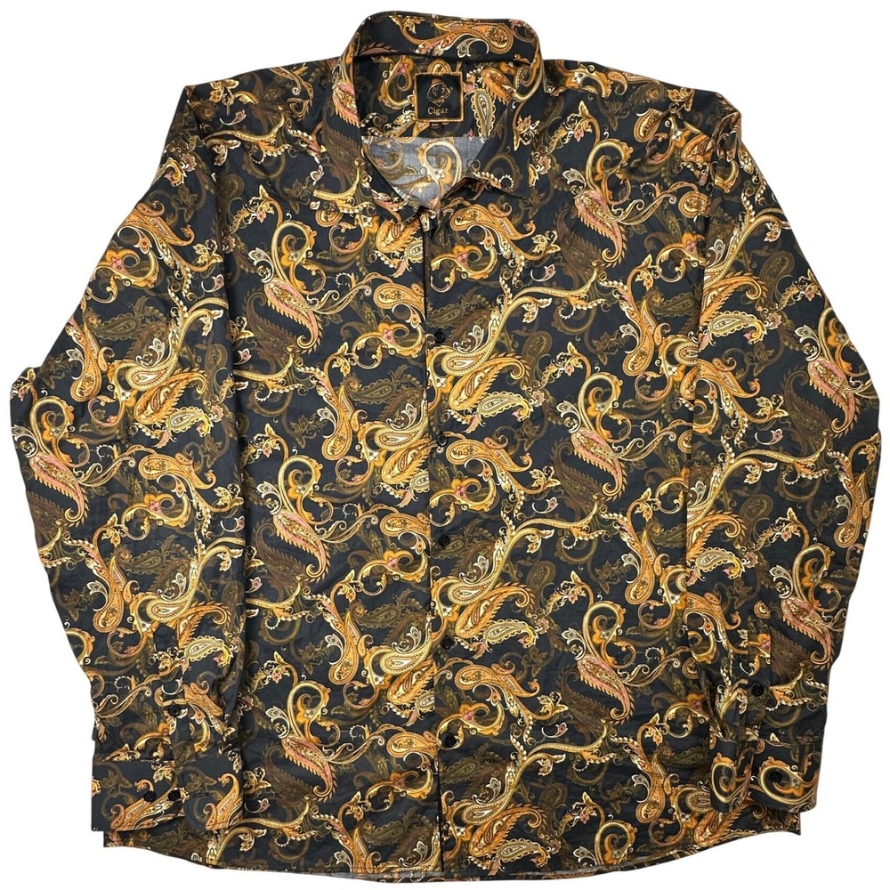 Cigar‎ Mens 4XL Long Sleeve Button Down Shirt Black Gold Paisley Ornate Baroque